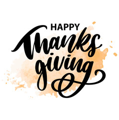 Happy thanksgiving brush hand lettering, isolated on white background. Calligraphy vector illustration. Can be used for holiday design.