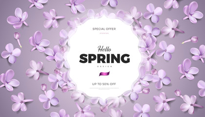 Soft pastel color floral banner background. Purple lilac flowers and petals vector illustration, website template or print card romantic design