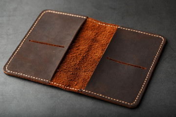 Open Dark Brown Leather Passport Cover. Genuine leather, handmade.