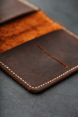 Open Dark Brown Leather Passport Cover. Genuine leather, handmade.