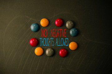 Conceptual hand writing showing No Negative Thoughts Allowed. Concept meaning Always positive motivated inspired good vibes Round Flat shape stones with same sizes stick black board