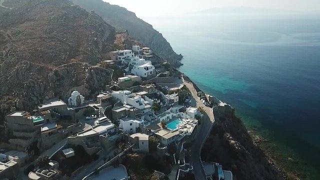Cinematic Aerial of Hill With Luxury Villa and Resort With Breathtaking View on Aegean Sea. Mykonos Island, Greece