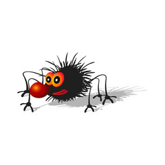 Cartoon hairy black spider with a big red nose. Isolated on a white background with a shadow.