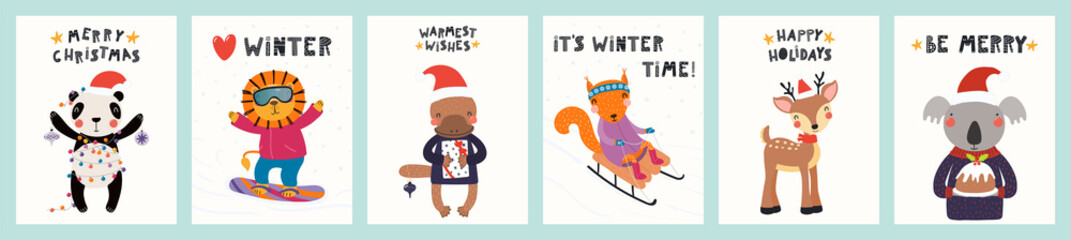 Collection of greeting cards with cute animals doing winter, Christmas activities, gifts, ornaments, text. Hand drawn vector illustration. Scandinavian style flat design. Concept for children print.