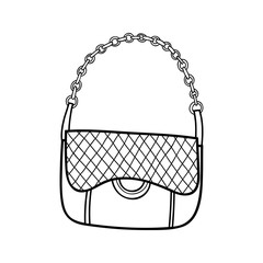 Female bag. Black and white fashion illustration for coloring books, pages.