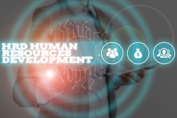 Conceptual hand writing showing Hrd Huanalysis Resources Development. Concept meaning helping employees develop demonstratingal skills Woman wear work suit presenting presentation smart device