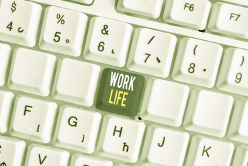 Word writing text Work Life. Business photo showcasing An everyday task to ern money to sustain needs of one s is self White pc keyboard with empty note paper above white background key copy space