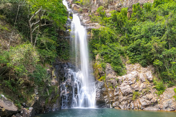 Beautiful Cachoeira Serra Azul with pool in lush brazilian rainforest, cerrado, Bom Jardim, Mato Grosso, Brazil
