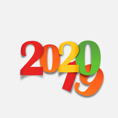 Happy New Year 2020. Abstract design with colorful ribbons and confetti. Greeting card or poster template on white.