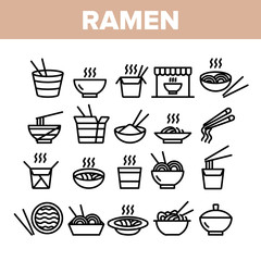 Ramen Spaghetti Food Collection Icons Set Vector Thin Line. Warm Ramen In Bowl And Carton Container With Sticks For Eating Nutrition Concept Linear Pictograms. Monochrome Contour Illustrations