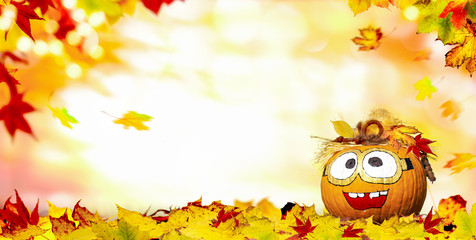 Laughing pumpkin face painted autumn landscape