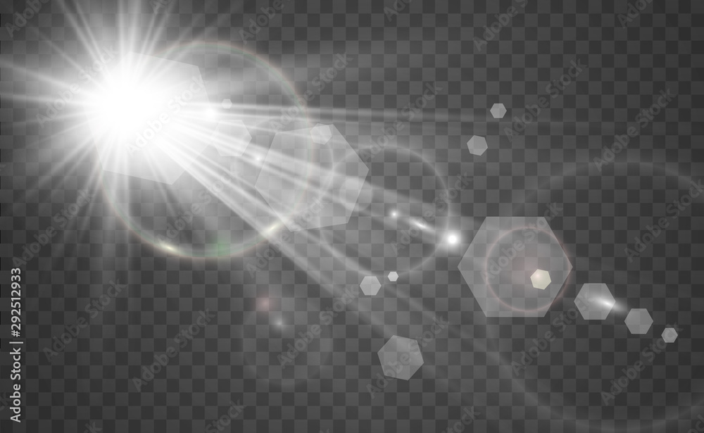 Poster special lens flash, light effect. the flash flashes rays and searchlight. illust.white glowing light