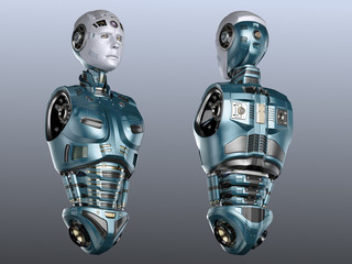 Two futuristic humanoids or very detailed metallic cyborgs showing only head and torso. Front and back views isolated on blue background. 3d render