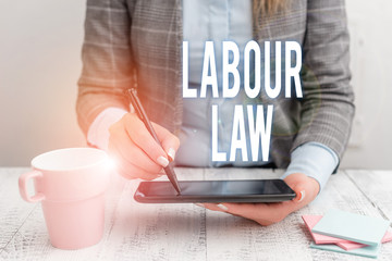 Writing note showing Labour Law. Business concept for Rules implemented by the state between...