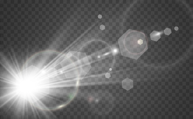Special lens flash, light effect. The flash flashes rays and searchlight. illust.White glowing light. Beautiful star Light from the rays. The sun is backlit. Bright beautiful star. Sunlight. Glare.