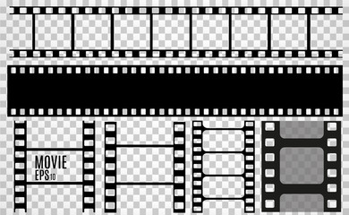 Set of film vector stripes isolated on transparent background.Film strip roll. Vector cinema background.