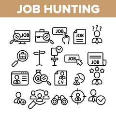 Job Hunting Collection Elements Icons Set Vector Thin Line. Magnifier With Suitcase And Computer, Web Site And Businessman Job Hunting Concept Linear Pictograms. Monochrome Contour Illustrations