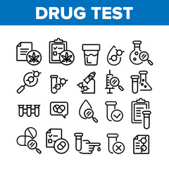 Drug Test Collection Elements Icons Set Vector Thin Line. Blood Drop From Hand Finger And Urine Laboratory Analysis Drug Test Concept Linear Pictograms. Monochrome Contour Illustrations