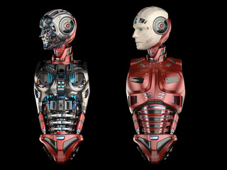 Two futuristic humanoids or very detailed metallic cyborgs with only head and torso. Front views isolated on black background. 3d render