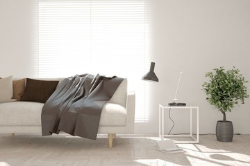 Stylish room in white color with sofa. Scandinavian interior design. 3D illustration