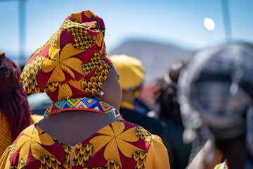 Dancing Zulu woman wear traditional cloth, South Africa