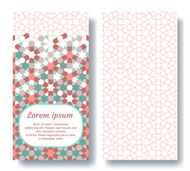 Islamic double card for invitation, celebration, save the date, wedding performed in arabian geometric tile. Colofrul vector template