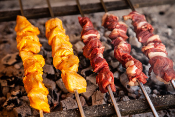 Arabic shish kabab Meat and Chicken Barbecue on coal grill | Mashawi & Tawwok 