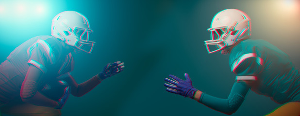 Photo of two running women American football player on blue background in studio.