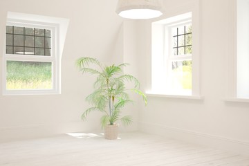 Stylish empty room in white color with summer landscape in window. Scandinavian interior design. 3D illustration
