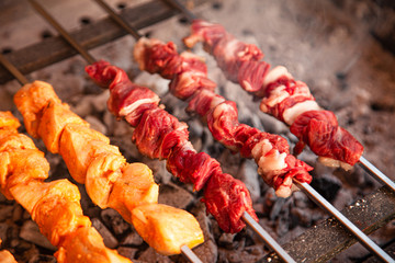 Arabic shish kabab Meat and Chicken Barbecue on coal grill | Mashawi & Tawwok 