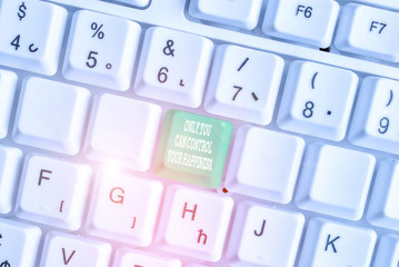 Conceptual hand writing showing Only You Can Control Your Happiness. Concept meaning Personal Selfmotivation inspiration White pc keyboard with note paper above the white background