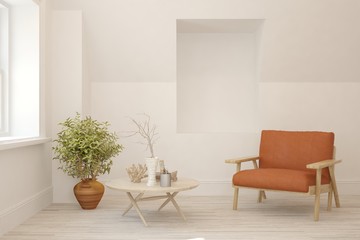 Stylish room in white color with armchair. Scandinavian interior design. 3D illustration