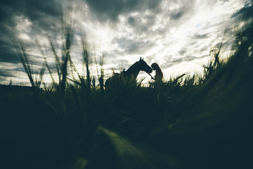 The girl with a horse. American Indian girl and horse at the silhouette. Concept of freedom.