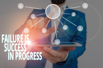 Word writing text Failure Is Success In Progress. Business photo showcasing You have to make mistakes for improvement Male human wear formal work suit presenting presentation using smart device