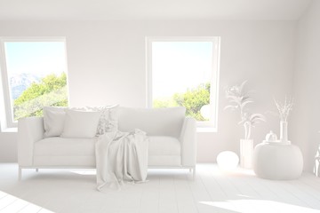 Mock up of stylish room in white color with sofa and green landscape in window. Scandinavian interior design. 3D illustration