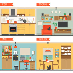 Set of illustrations with private apartments. Kitchen, dining room, living room and cabinet