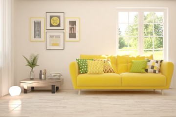 Stylish room in white color with sofa and summer landscape in window. Scandinavian interior design. 3D illustration