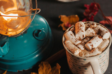A cup of coffee or cocoa, cookies, dry autumn leaves in the light of a kerosene lamp on a dark background.