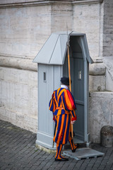 Fototapeta na wymiar Swiss guardsman at the post of the Pope's rubber, Vatican, Rome, Italy