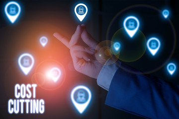 Text sign showing Cost Cutting. Business photo showcasing actions taken to reduce the amount that is spent on a service Male human wear formal work suit presenting presentation using smart device