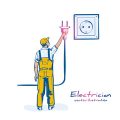 Electric power plug holding in hand. Unplug, plugged in wall socket. Vector illustration flat design.Connecting power plug. Vector sketch design. Isolated on white background. Professional electrician