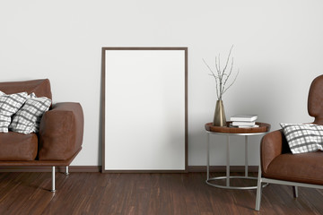 Blank interior poster mock up with wooden frame