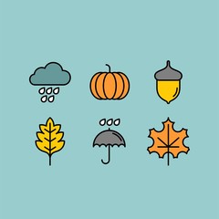 Autumn flat vector icons set. Leaves, acorn, rain, umbrella, clouds, pumpkin flat vector icons