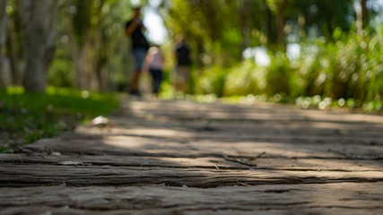 Viajeros caminando por una pasarela de madera