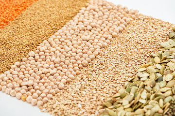 raw green buckwheat, chickpea, lentil and pumpkin seeds isolated on white