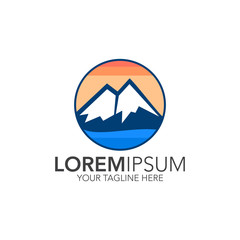 Modern mountain logo. Mountain design with sunset icon