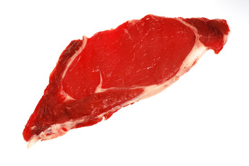 Raw beef steak, isolated on white background, top view, close up of concept of raw red beefsteak