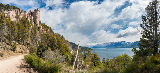 Amazing view of Traful lake and the Patagonia landscape at the remote Seven Lakes Route, Argentina. Amazing and inspirational road trip with awesome mountain views, huge lakes inside a extreme weather