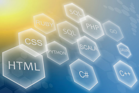 Programming language and development of applications concept on yellow blue background. Training courses of php, sql, html, css and other disciplines.