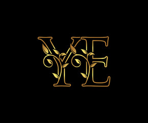 Classy Gold letter Y and E, YE, VINTAGE decorative ornament emblem badge, wedding  logo, classy letter logo icon.